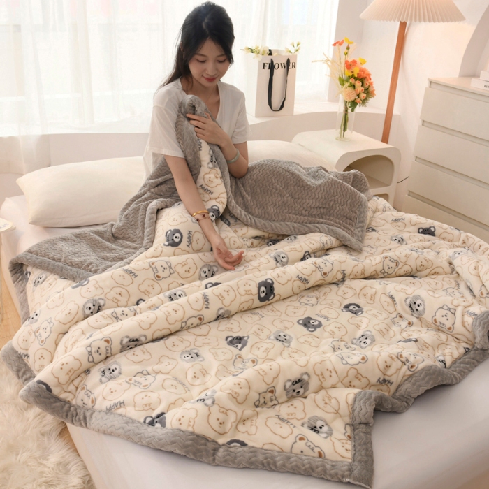 91家纺网 家纺一手货源 找家纺 加厚三层夹棉牛奶绒印花盖毯冬季办公室午睡绒毯学生懒人小毛毯沙发毯