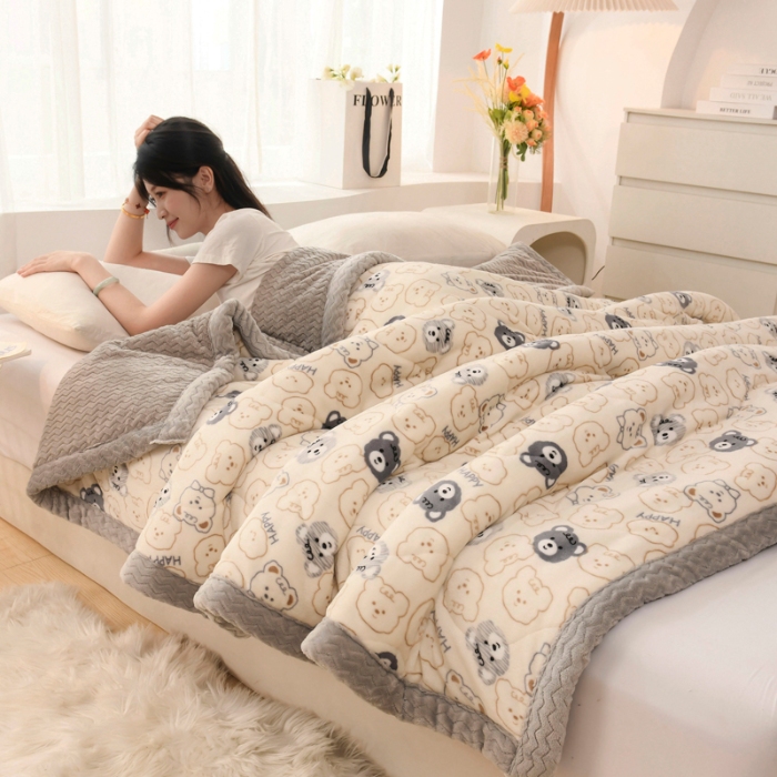 91家纺网 家纺一手货源 找家纺 加厚三层夹棉牛奶绒印花盖毯冬季办公室午睡绒毯学生懒人小毛毯沙发毯