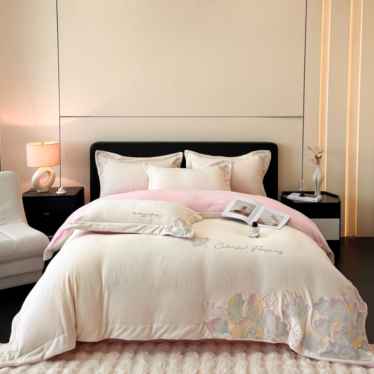 91家纺网 家纺一手货源 找家纺 （总）2025新款牛奶绒刺绣工艺高克重四件套-安娜