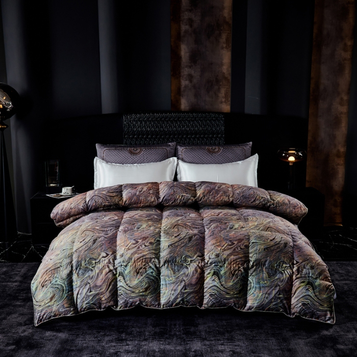 91家纺网 家纺一手货源 找家纺 抗日家纺 专版花型高密度超柔数码印花单层立体防绒羽绒被壳 蓝色多瑙河