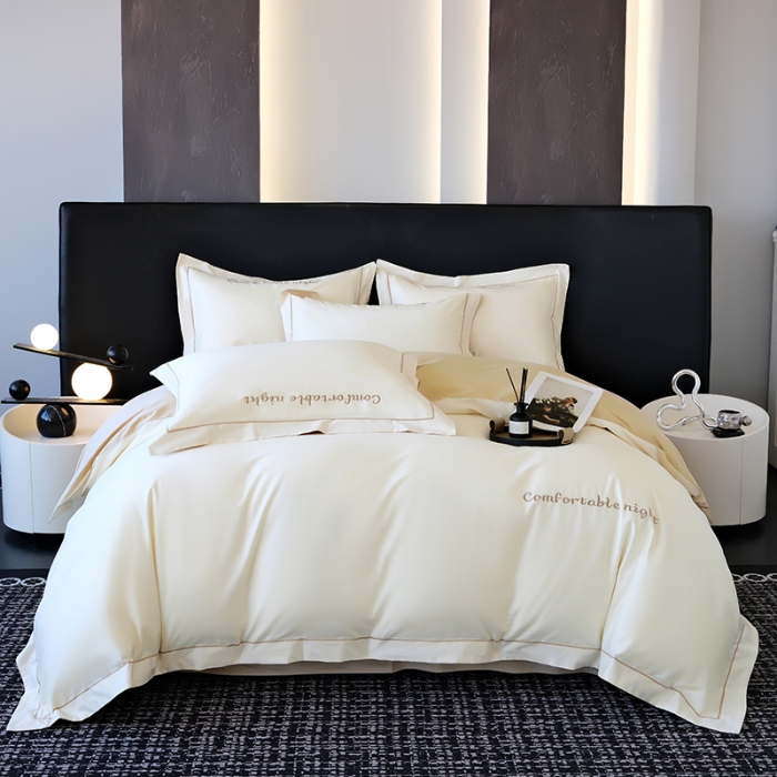 91家纺网 家纺一手货源 找家纺 （总）2025新款全棉长绒棉双拼四件套刺绣轻奢床上用品-简约