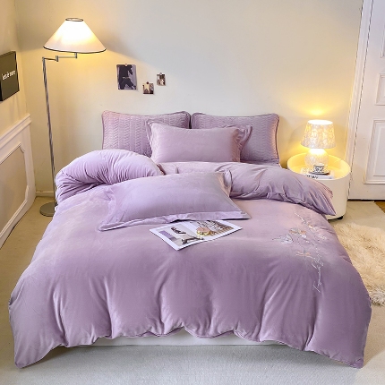 宝宝绒婴儿绒四件套刺绣纯色四件套床单床笠牛奶绒四件套 紫色