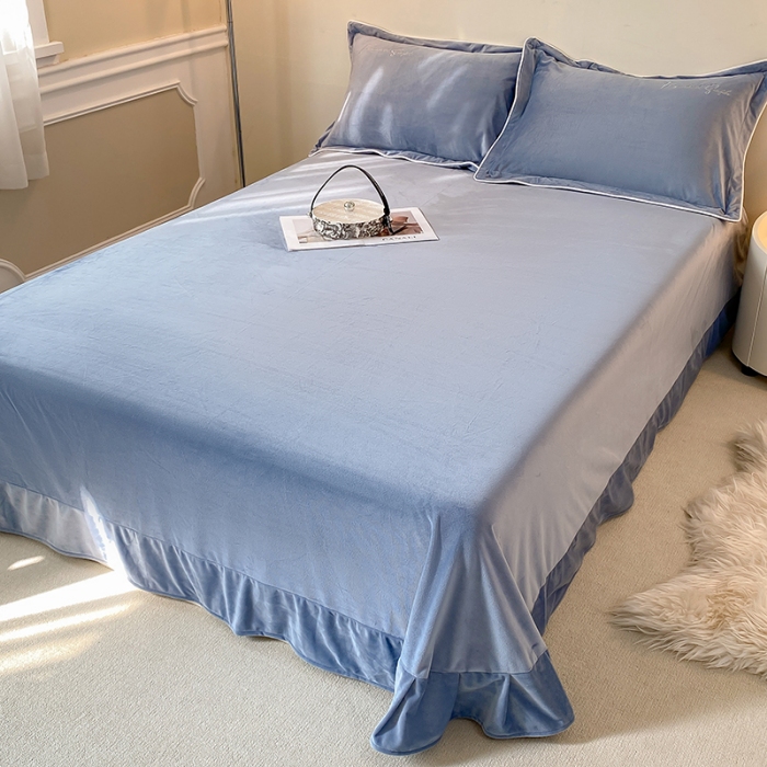 91家纺网 家纺一手货源 找家纺 宝宝绒婴儿绒四件套刺绣纯色四件套床单床笠牛奶绒四件套 蓝色