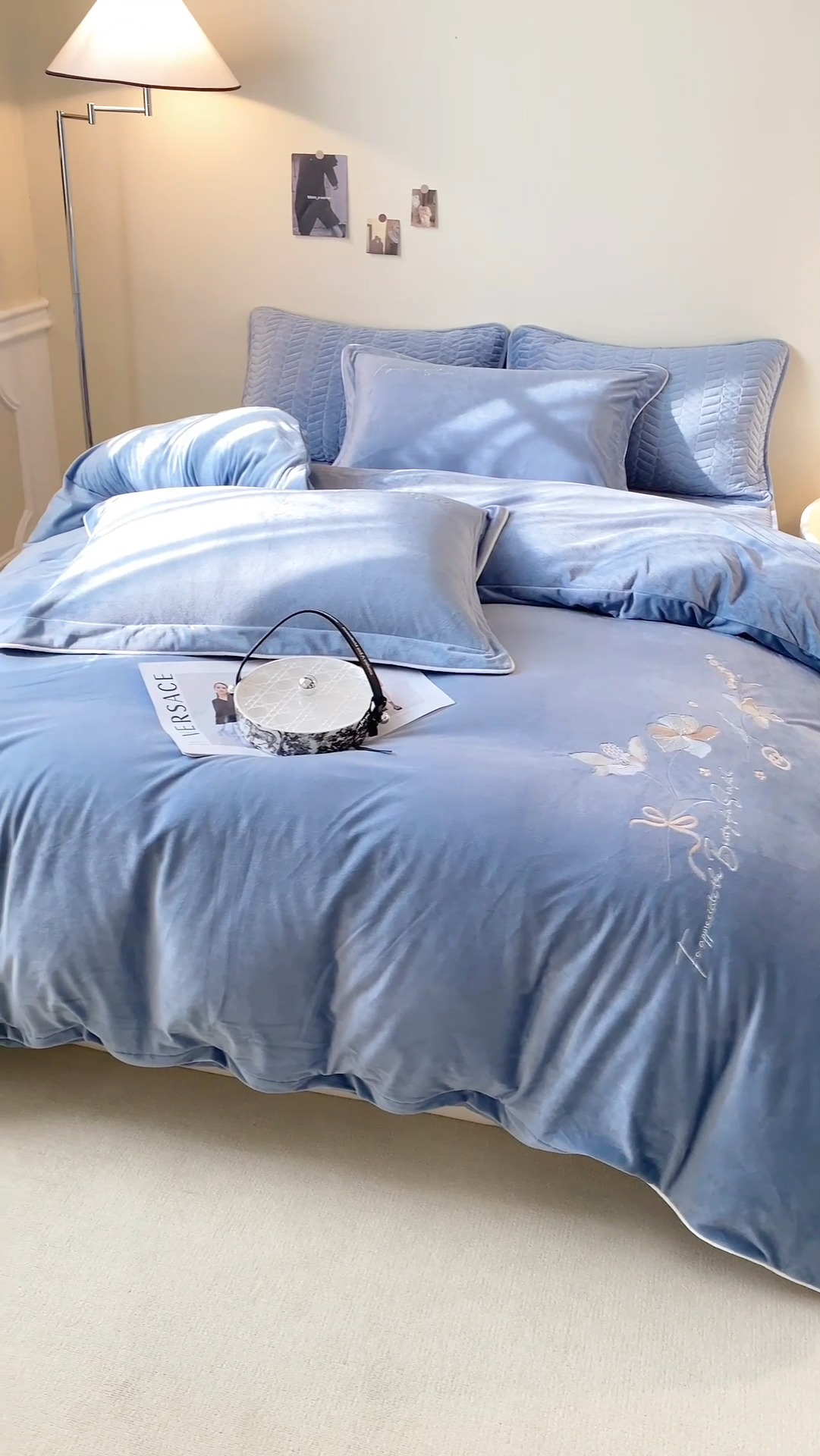 91家纺网 家纺一手货源 找家纺 宝宝绒婴儿绒四件套刺绣纯色四件套床单床笠牛奶绒四件套 蓝色