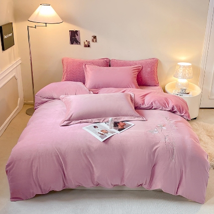 宝宝绒婴儿绒四件套刺绣纯色四件套床单床笠牛奶绒四件套 豆沙