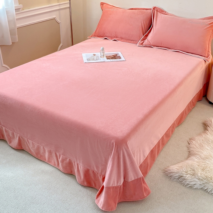 91家纺网 家纺一手货源 找家纺 宝宝绒婴儿绒四件套刺绣纯色四件套床单床笠牛奶绒四件套 粉色