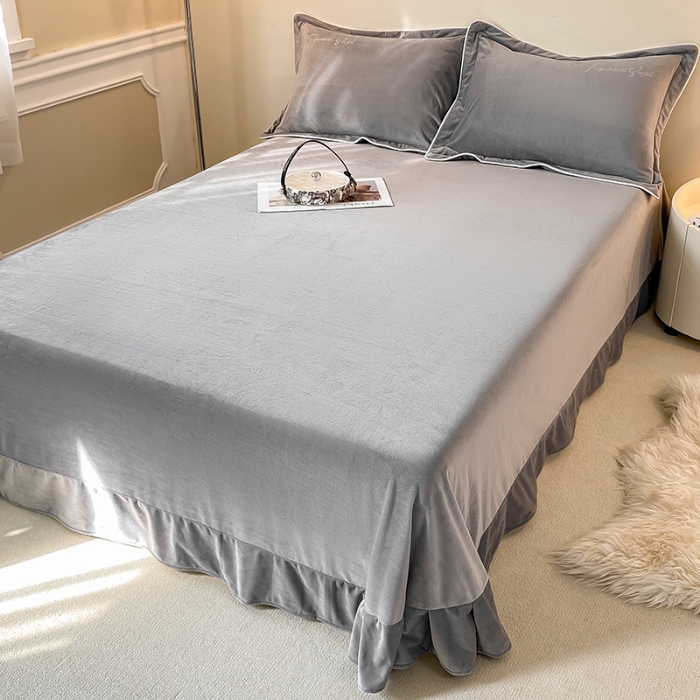 91家纺网 家纺一手货源 找家纺 宝宝绒婴儿绒四件套刺绣纯色四件套床单床笠牛奶绒四件套 灰色