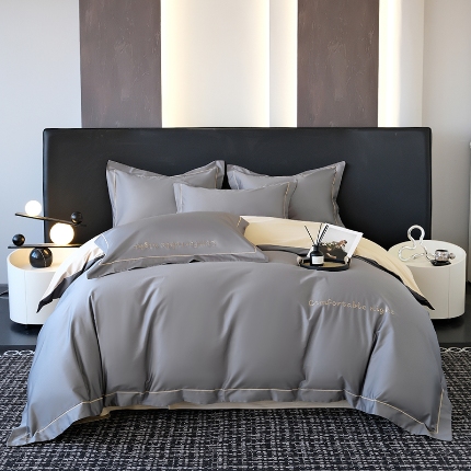 （总）2025新款全棉长绒棉双拼四件套刺绣轻奢床上用品-简约