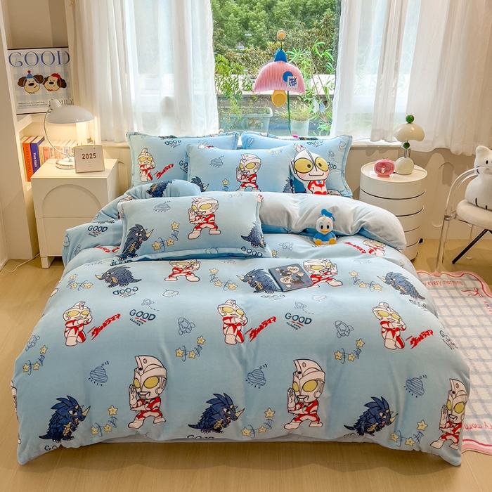 91家纺网 家纺一手货源 找家纺 （总）云恋家纺 2025新款卡通牛奶绒四件套珊瑚法兰绒床单床笠被套儿童床上用品冬季