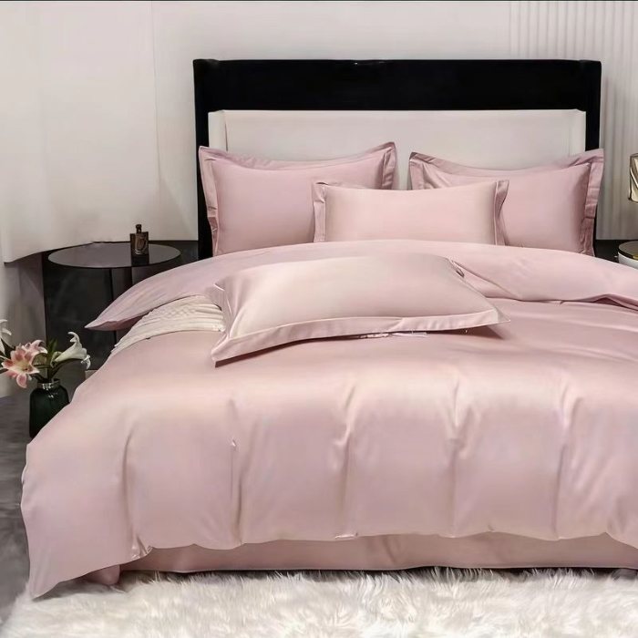 91家纺网 家纺一手货源 找家纺 梦丝语纯色糸列50双股100支长绒棉轻奢高端圆角卷边款四件套新品