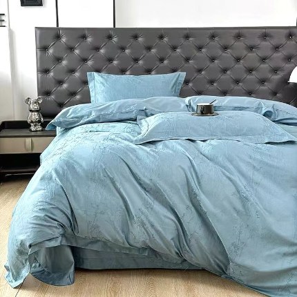 91家纺网 家纺一手货源 找家纺 梦丝语家纺色织提花50双股100支长绒棉圆角双贴边高端四件套量大从优