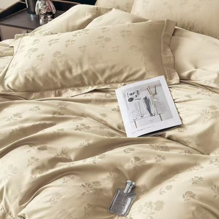 91家纺网 家纺一手货源 找家纺 梦丝语家纺色织提花50双股100支长绒棉圆角双贴边高端四件套量大从优