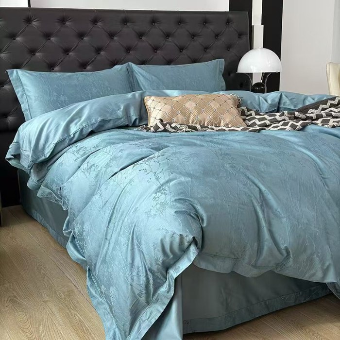 91家纺网 家纺一手货源 找家纺 梦丝语家纺色织提花50双股100支长绒棉圆角双贴边高端四件套量大从优