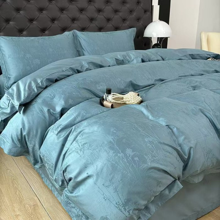 91家纺网 家纺一手货源 找家纺 梦丝语家纺色织提花50双股100支长绒棉圆角双贴边高端四件套量大从优