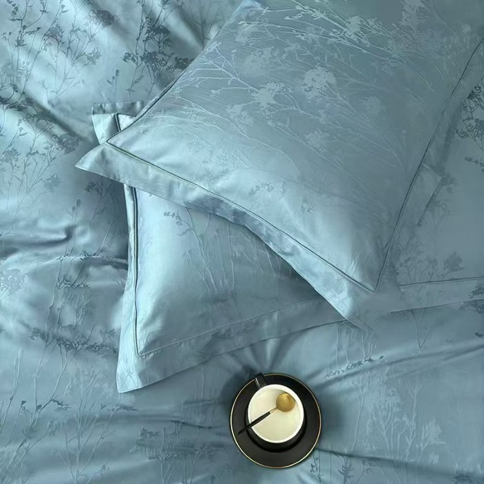 91家纺网 家纺一手货源 找家纺 梦丝语家纺色织提花50双股100支长绒棉圆角双贴边高端四件套量大从优