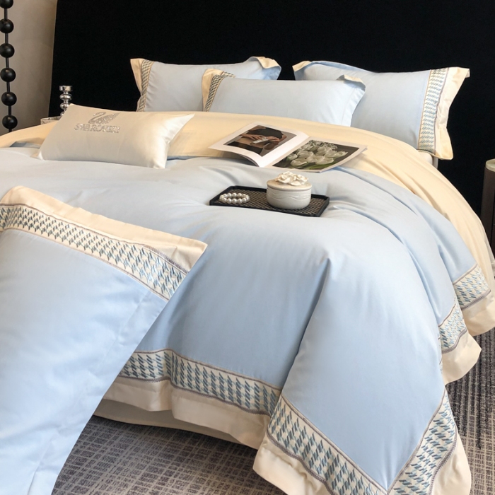 91家纺网 家纺一手货源 找家纺 （可开发票）高档礼盒装超柔超细旦50S长绒棉磨毛刺绣四件套全棉100%纯棉秋冬加厚床品 祖玛蓝-千鸟格-A类超细旦超柔长绒棉