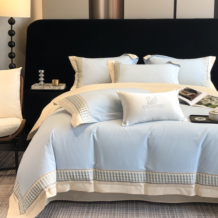 91家纺网 家纺一手货源 找家纺 （可开发票）高档礼盒装超柔超细旦50S长绒棉磨毛刺绣四件套全棉100%纯棉秋冬加厚床品 祖玛蓝-千鸟格-A类超细旦超柔长绒棉