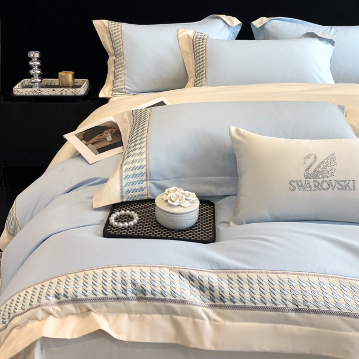 91家纺网 家纺一手货源 找家纺 （可开发票）高档礼盒装超柔超细旦50S长绒棉磨毛刺绣四件套全棉100%纯棉秋冬加厚床品 祖玛蓝-千鸟格-A类超细旦超柔长绒棉