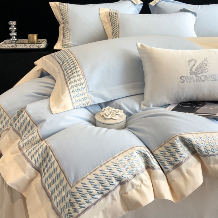 91家纺网 家纺一手货源 找家纺 （可开发票）高档礼盒装超柔超细旦50S长绒棉磨毛刺绣四件套全棉100%纯棉秋冬加厚床品 祖玛蓝-千鸟格-A类超细旦超柔长绒棉