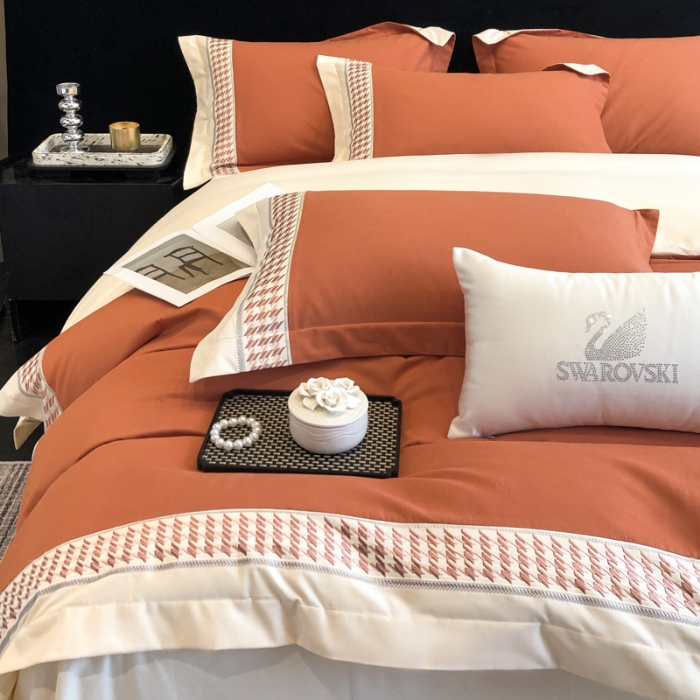 91家纺网 家纺一手货源 找家纺 （可开发票）高档礼盒装超柔超细旦50S长绒棉磨毛刺绣四件套全棉100%纯棉秋冬加厚床品 焦糖咖-千鸟格-A类超细旦超柔长绒棉