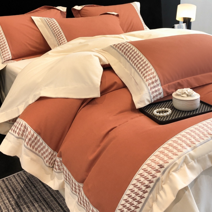 91家纺网 家纺一手货源 找家纺 （可开发票）高档礼盒装超柔超细旦50S长绒棉磨毛刺绣四件套全棉100%纯棉秋冬加厚床品 焦糖咖-千鸟格-A类超细旦超柔长绒棉