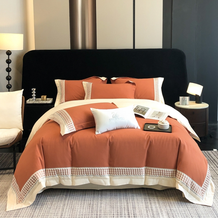 91家纺网 家纺一手货源 找家纺 （可开发票）高档礼盒装超柔超细旦50S长绒棉磨毛刺绣四件套全棉100%纯棉秋冬加厚床品 焦糖咖-千鸟格-A类超细旦超柔长绒棉