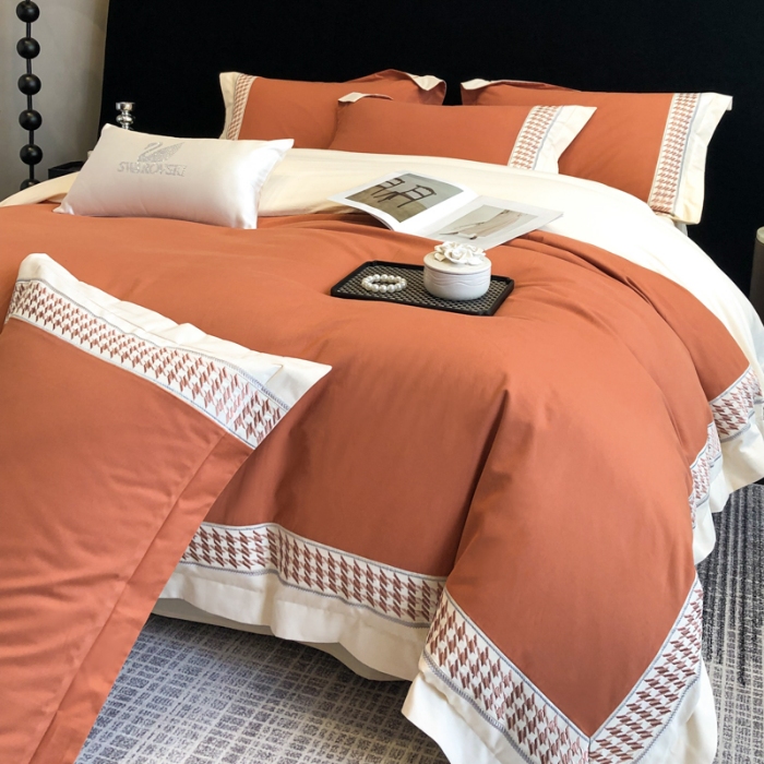 91家纺网 家纺一手货源 找家纺 （可开发票）高档礼盒装超柔超细旦50S长绒棉磨毛刺绣四件套全棉100%纯棉秋冬加厚床品 焦糖咖-千鸟格-A类超细旦超柔长绒棉