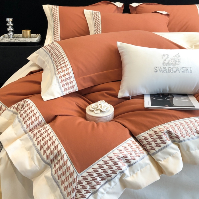 91家纺网 家纺一手货源 找家纺 （可开发票）高档礼盒装超柔超细旦50S长绒棉磨毛刺绣四件套全棉100%纯棉秋冬加厚床品 焦糖咖-千鸟格-A类超细旦超柔长绒棉