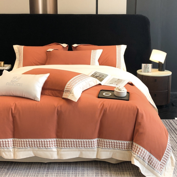 91家纺网 家纺一手货源 找家纺 （可开发票）高档礼盒装超柔超细旦50S长绒棉磨毛刺绣四件套全棉100%纯棉秋冬加厚床品 焦糖咖-千鸟格-A类超细旦超柔长绒棉