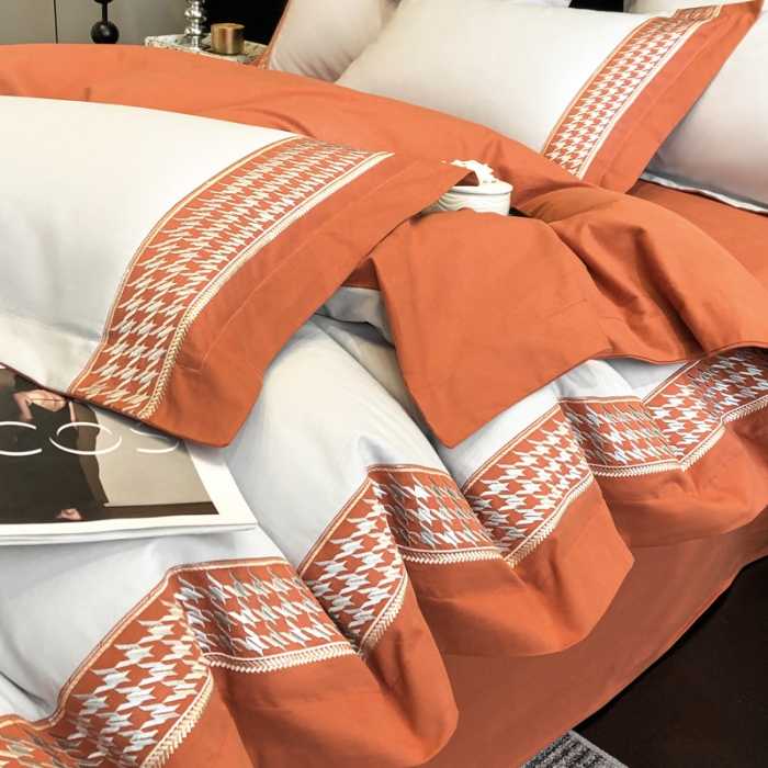 91家纺网 家纺一手货源 找家纺 （可开发票）高档礼盒装超柔超细旦50S长绒棉磨毛刺绣四件套全棉100%纯棉秋冬加厚床品 淡雅灰-千鸟格-A类超细旦超柔长绒棉