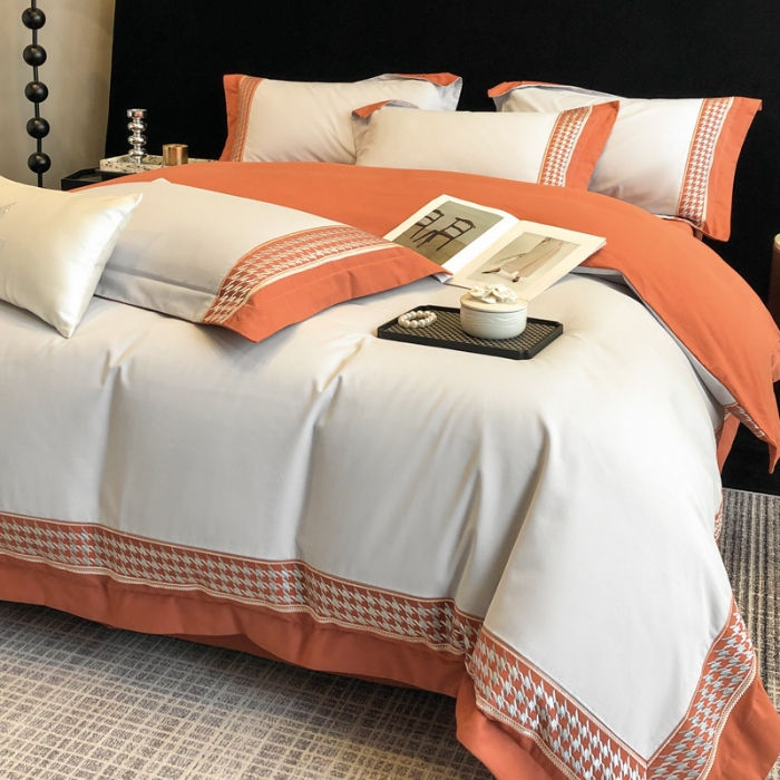 91家纺网 家纺一手货源 找家纺 （可开发票）高档礼盒装超柔超细旦50S长绒棉磨毛刺绣四件套全棉100%纯棉秋冬加厚床品 淡雅灰-千鸟格-A类超细旦超柔长绒棉