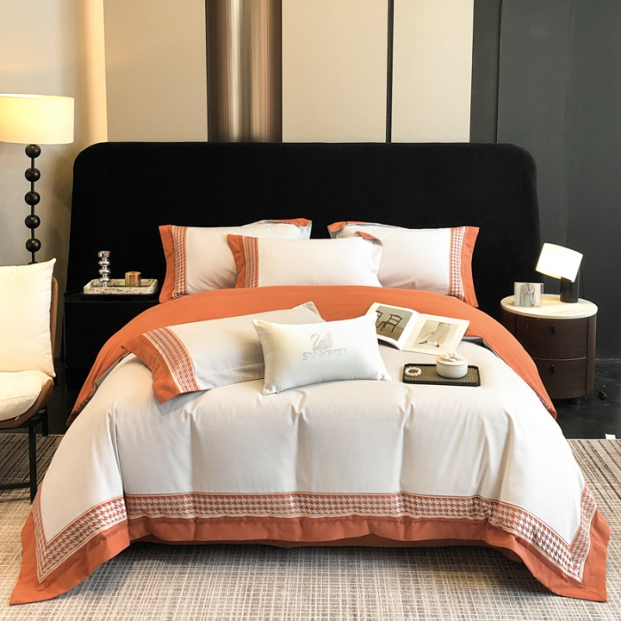 91家纺网 家纺一手货源 找家纺 （可开发票）高档礼盒装超柔超细旦50S长绒棉磨毛刺绣四件套全棉100%纯棉秋冬加厚床品 淡雅灰-千鸟格-A类超细旦超柔长绒棉