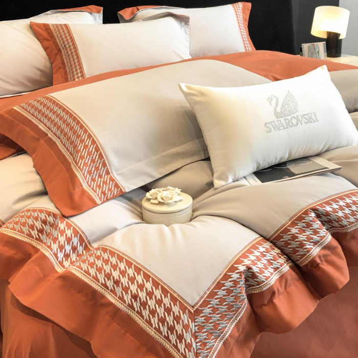 91家纺网 家纺一手货源 找家纺 （可开发票）高档礼盒装超柔超细旦50S长绒棉磨毛刺绣四件套全棉100%纯棉秋冬加厚床品 淡雅灰-千鸟格-A类超细旦超柔长绒棉