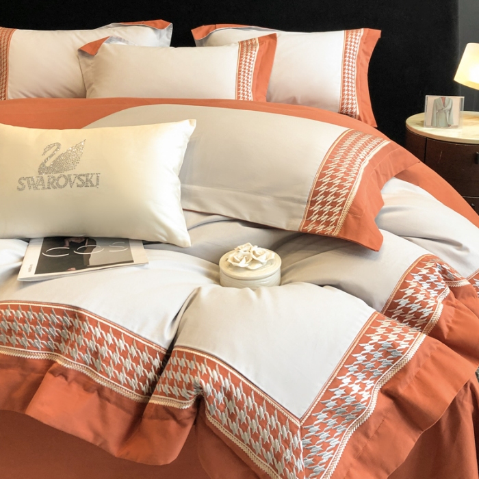 91家纺网 家纺一手货源 找家纺 （可开发票）高档礼盒装超柔超细旦50S长绒棉磨毛刺绣四件套全棉100%纯棉秋冬加厚床品 淡雅灰-千鸟格-A类超细旦超柔长绒棉