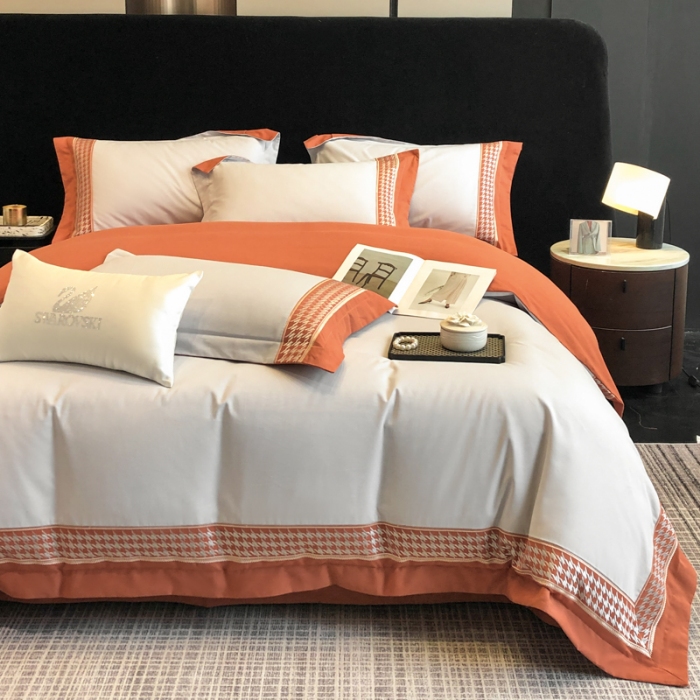 91家纺网 家纺一手货源 找家纺 （可开发票）高档礼盒装超柔超细旦50S长绒棉磨毛刺绣四件套全棉100%纯棉秋冬加厚床品 淡雅灰-千鸟格-A类超细旦超柔长绒棉