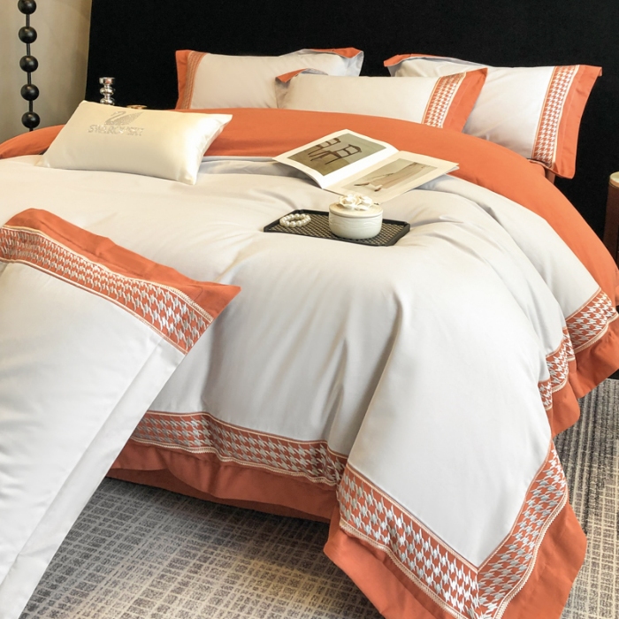 91家纺网 家纺一手货源 找家纺 （可开发票）高档礼盒装超柔超细旦50S长绒棉磨毛刺绣四件套全棉100%纯棉秋冬加厚床品 淡雅灰-千鸟格-A类超细旦超柔长绒棉