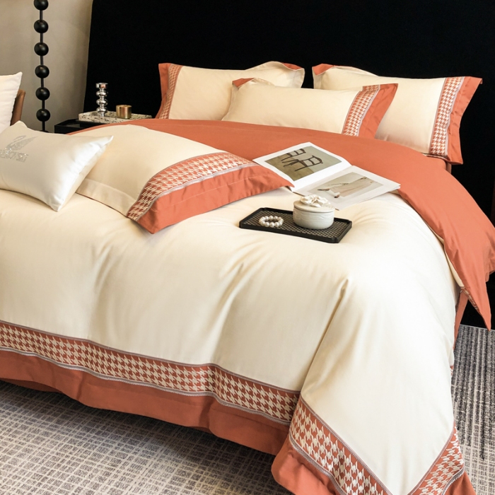 91家纺网 家纺一手货源 找家纺 （可开发票）高档礼盒装超柔超细旦50S长绒棉磨毛刺绣四件套全棉100%纯棉秋冬加厚床品 奶茶杏-千鸟格-A类超细旦超柔长绒棉