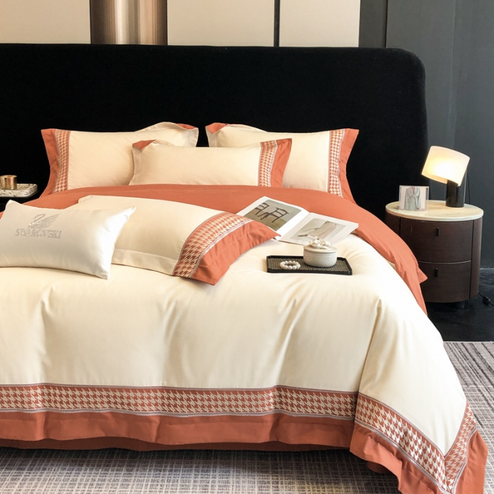 91家纺网 家纺一手货源 找家纺 （可开发票）高档礼盒装超柔超细旦50S长绒棉磨毛刺绣四件套全棉100%纯棉秋冬加厚床品 奶茶杏-千鸟格-A类超细旦超柔长绒棉