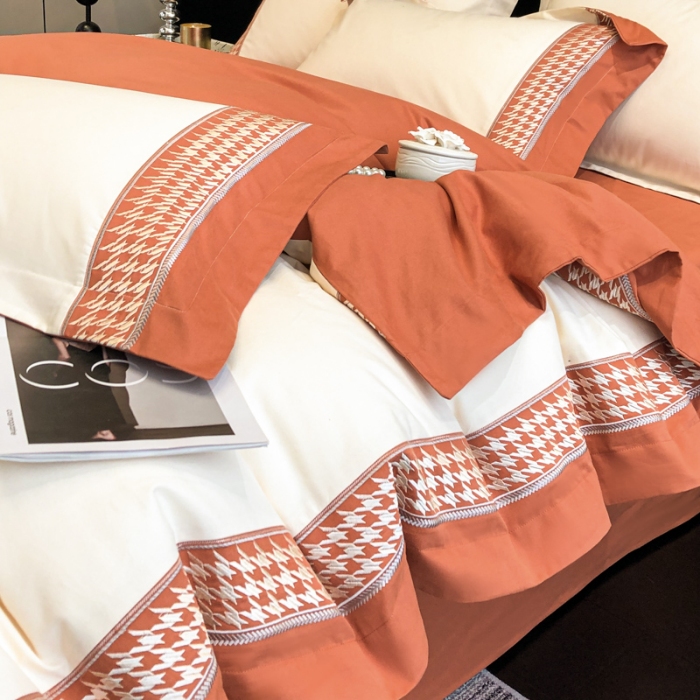 91家纺网 家纺一手货源 找家纺 （可开发票）高档礼盒装超柔超细旦50S长绒棉磨毛刺绣四件套全棉100%纯棉秋冬加厚床品 奶茶杏-千鸟格-A类超细旦超柔长绒棉