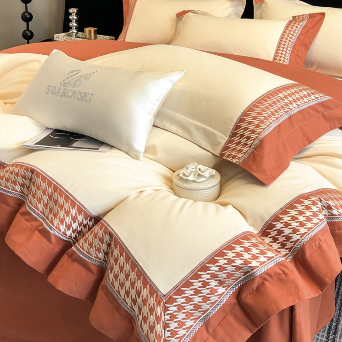 91家纺网 家纺一手货源 找家纺 （可开发票）高档礼盒装超柔超细旦50S长绒棉磨毛刺绣四件套全棉100%纯棉秋冬加厚床品 奶茶杏-千鸟格-A类超细旦超柔长绒棉