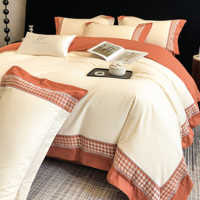 91家纺网 家纺一手货源 找家纺 （可开发票）高档礼盒装超柔超细旦50S长绒棉磨毛刺绣四件套全棉100%纯棉秋冬加厚床品 奶茶杏-千鸟格-A类超细旦超柔长绒棉