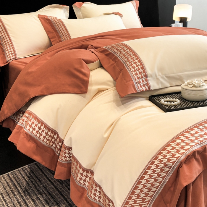 91家纺网 家纺一手货源 找家纺 （可开发票）高档礼盒装超柔超细旦50S长绒棉磨毛刺绣四件套全棉100%纯棉秋冬加厚床品 奶茶杏-千鸟格-A类超细旦超柔长绒棉