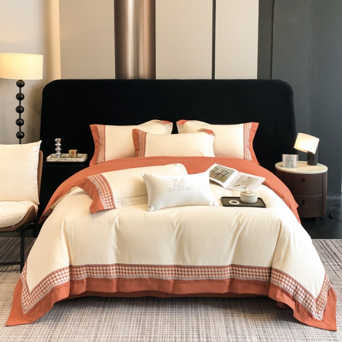 91家纺网 家纺一手货源 找家纺 （可开发票）高档礼盒装超柔超细旦50S长绒棉磨毛刺绣四件套全棉100%纯棉秋冬加厚床品 奶茶杏-千鸟格-A类超细旦超柔长绒棉