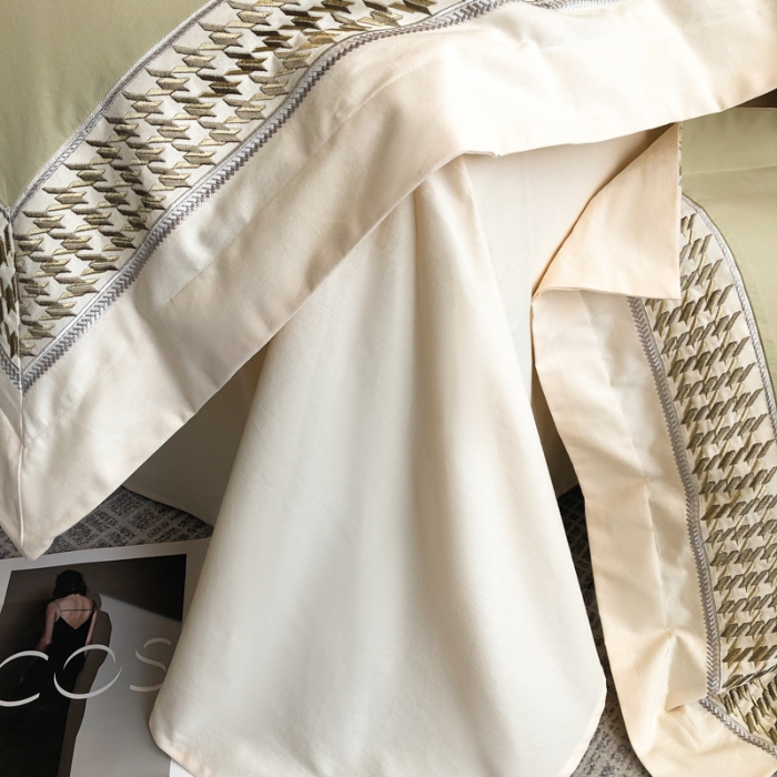 91家纺网 家纺一手货源 找家纺 （可开发票）高档礼盒装超柔超细旦50S长绒棉磨毛刺绣四件套全棉100%纯棉秋冬加厚床品 曙光金-千鸟格-A类超细旦超柔长绒棉