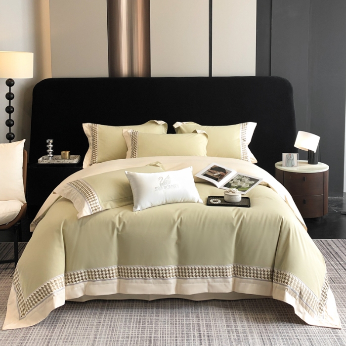 91家纺网 家纺一手货源 找家纺 （可开发票）高档礼盒装超柔超细旦50S长绒棉磨毛刺绣四件套全棉100%纯棉秋冬加厚床品 曙光金-千鸟格-A类超细旦超柔长绒棉