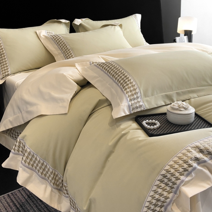 91家纺网 家纺一手货源 找家纺 （可开发票）高档礼盒装超柔超细旦50S长绒棉磨毛刺绣四件套全棉100%纯棉秋冬加厚床品 曙光金-千鸟格-A类超细旦超柔长绒棉