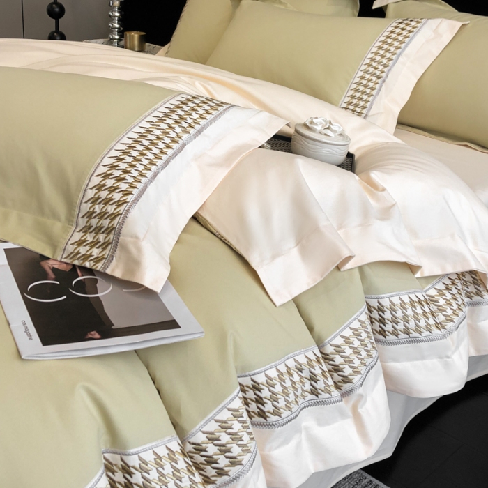 91家纺网 家纺一手货源 找家纺 （可开发票）高档礼盒装超柔超细旦50S长绒棉磨毛刺绣四件套全棉100%纯棉秋冬加厚床品 曙光金-千鸟格-A类超细旦超柔长绒棉