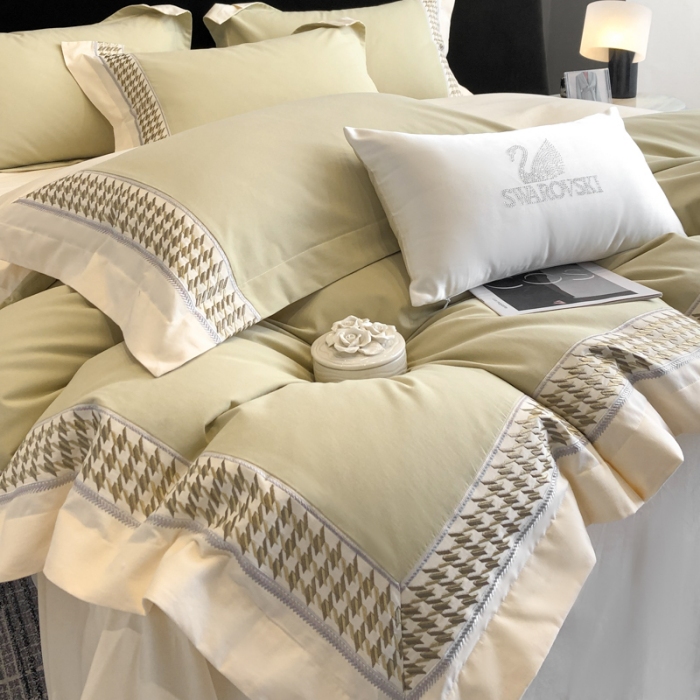 91家纺网 家纺一手货源 找家纺 （可开发票）高档礼盒装超柔超细旦50S长绒棉磨毛刺绣四件套全棉100%纯棉秋冬加厚床品 曙光金-千鸟格-A类超细旦超柔长绒棉