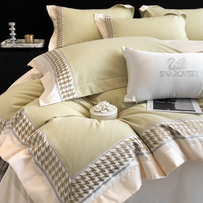 91家纺网 家纺一手货源 找家纺 （可开发票）高档礼盒装超柔超细旦50S长绒棉磨毛刺绣四件套全棉100%纯棉秋冬加厚床品 曙光金-千鸟格-A类超细旦超柔长绒棉