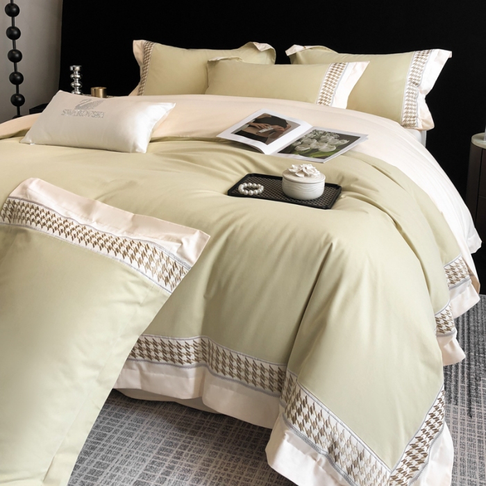 91家纺网 家纺一手货源 找家纺 （可开发票）高档礼盒装超柔超细旦50S长绒棉磨毛刺绣四件套全棉100%纯棉秋冬加厚床品 曙光金-千鸟格-A类超细旦超柔长绒棉